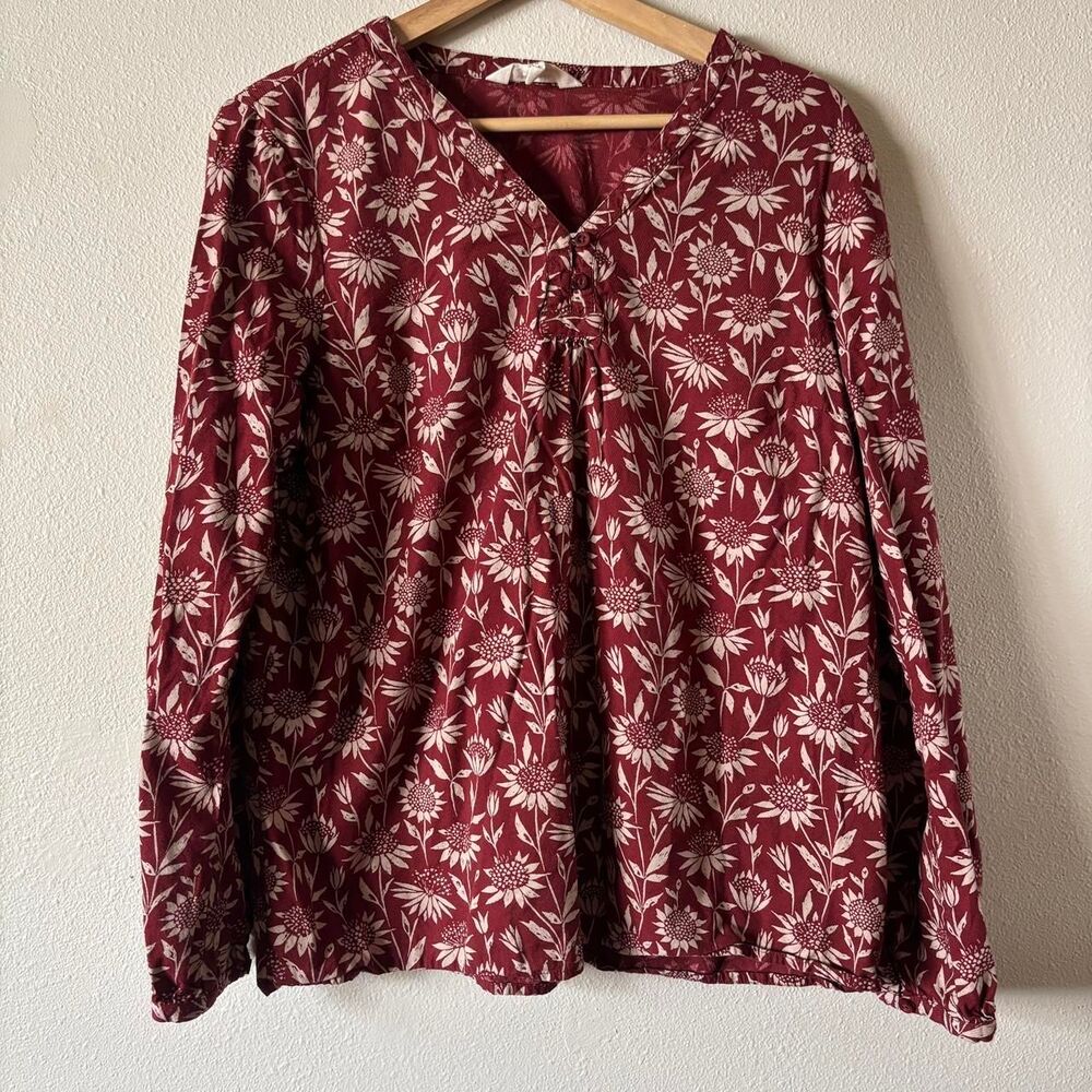 Seasalt Cornwall Burgundy Long Sleeve Blouse Sunflower Print Size 10